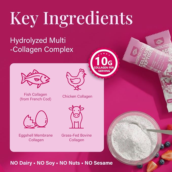 Multi Collagen Peptides Powder for Women – 10g Hydrolyzed Collagen Type I, II, III, V & X with Biotin, Hyaluronic Acid & Prebiotics | Hair, Skin, Nail & Bone Support | Berry Flavor | 30 Stick Packs