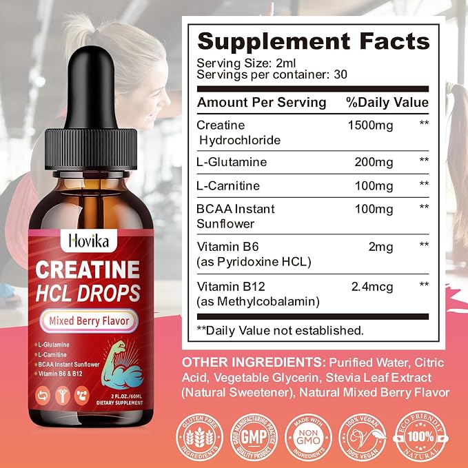 Creatine HCL Liquid Drops for Men & Women, Creatine Hydrochloride with L-Carnitine, L-Glutamine, BCAA, Vitamin B12 & B6 for Muscle Growth & Recovery-Vegan, Mixed Berry Flavor Flavor, 2 Fl Oz