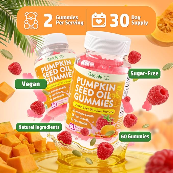 2 Pack Pumpkin Seed Oil Gummies with Saw Palmetto, Pumpkin Seed Oil for Hair and Skin Health, Pumpkin Seed Extract for Women Men, Sugar-Free, Raspberry Flavor, 120 Count