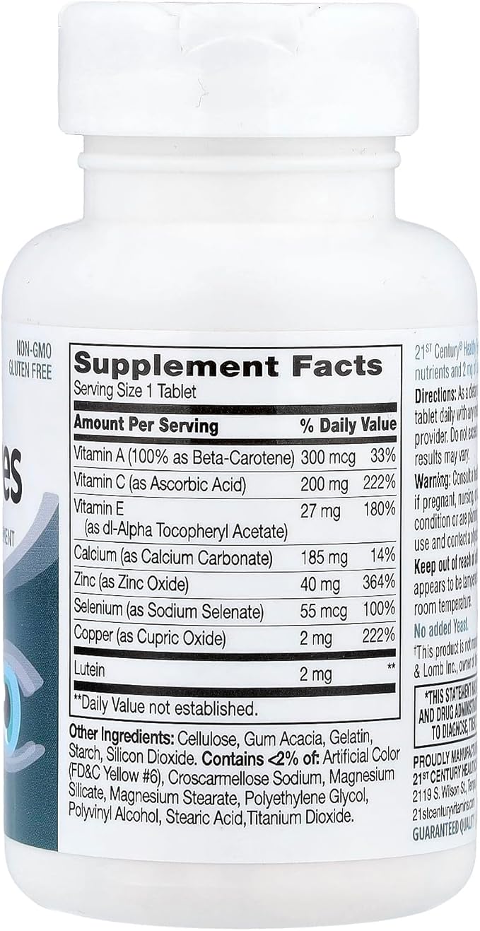 21st Century Healthy Eyes with Lutein Tablets, (60 Count), Eye Vitamins & Mineral Supplement with Antioxidants for Vision Support, Eye Health Supplements for Adults & Seniors, Non GMO & Gluten Free