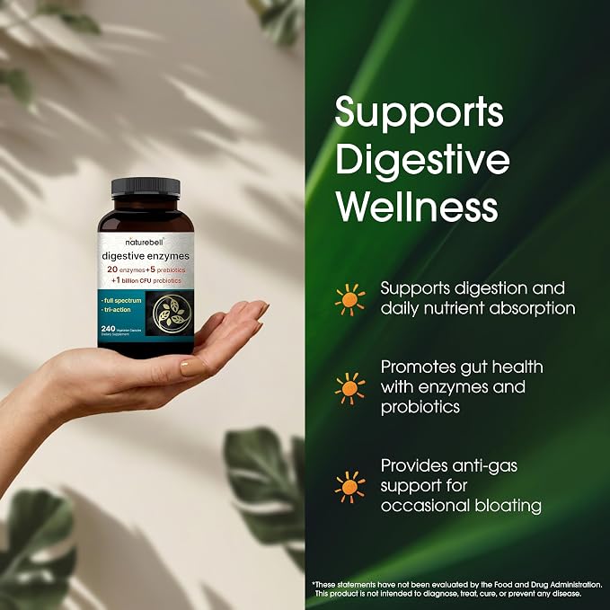 NatureBell Digestive Enzymes - 240 Capsules - Gut & Digestive Health Support Supplement* - with 20 Enzymes, 5 Prebiotics & 10-Strand Probiotic Blend