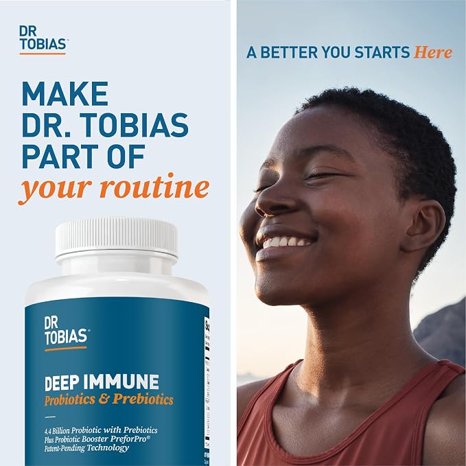Dr. Tobias Deep Immune Probiotics & Prebiotics - Dual Action Digestion & Immune Support with PreforPro Prebiotics & Spore Forming Probiotics for Women & Men - 180 Capsules (90 Servings)