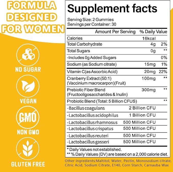 Vaginal Probiotics Gummies for Women, Premium Feminine pH Balance Gummies, Healthy Odor, Yeast Balance & Flora + Vitamin C for Immune Support, 60ct Pineapple Flavor