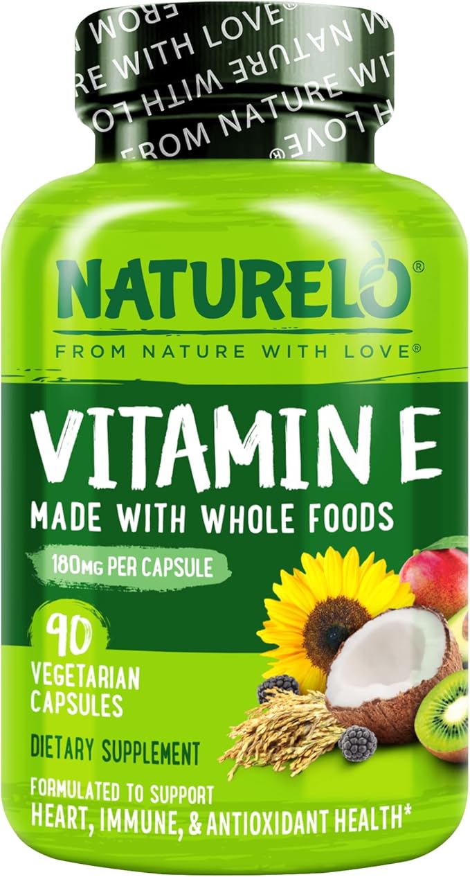 NATURELO Vitamin E Capsules 180 mg - 90 Vegan Capsules | Supports Skin, Hair, and Nails | Immune and Eye Health | Natural Mixed Tocopherols & Whole Foods | Non-GMO, Dry Vitamin E
