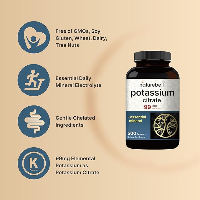 Potassium Citrate Supplement 99mg, 500 Capsules | Chelated Mineral Supplements – Essential Mineral Electrolyte – Non-GMO, Gluten Free