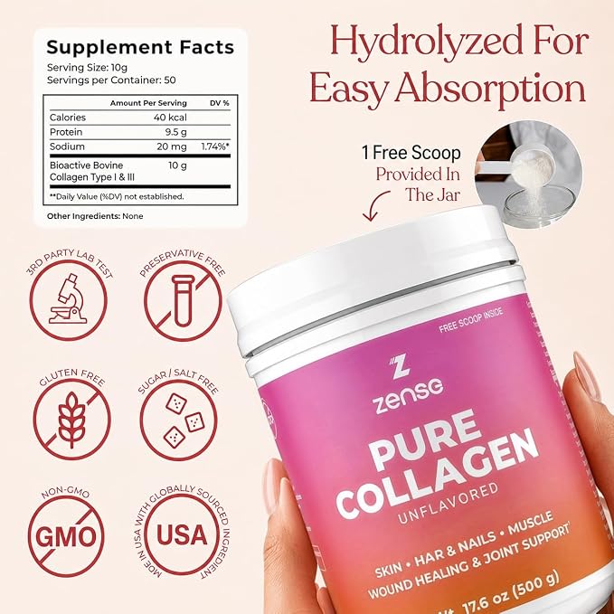 Hydrolyzed Collagen Powder for Women & Men – Organic Type I & III Bovine Collagen Peptides, High Protein – For Bone Strength, Joint Support, Healthy Hair & Glowing Skin - Colágeno Hidrolizado (500 g)