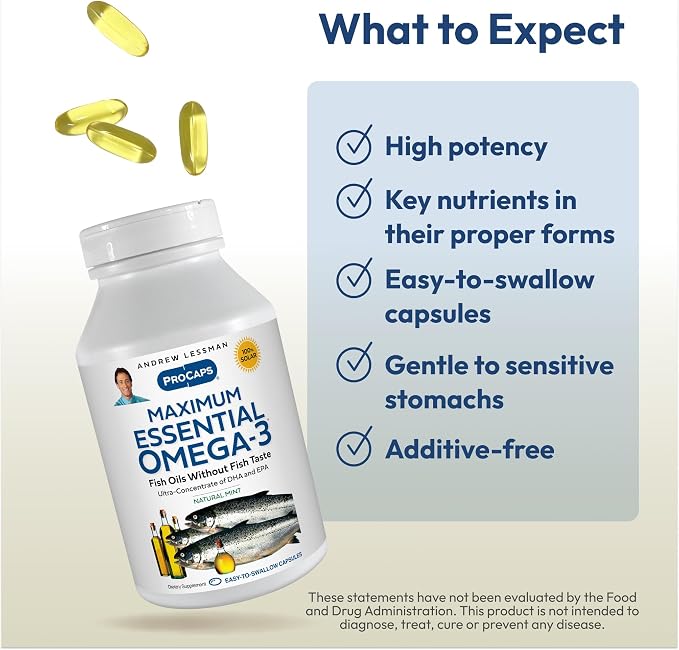 ANDREW LESSMAN Maximum Essential Omega-3 Mint - 60 Softgels - Ultra-Pure, High Potency Omega-3 Oils. High DHA, No Stomach Upset, No Contaminants, No Mercury. Small Easy to Swallow Softgels