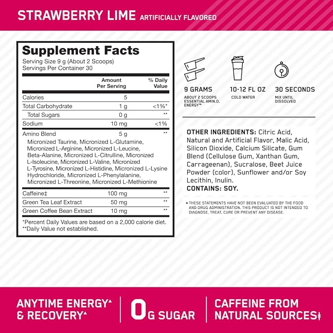 Optimum Nutrition Amino Energy-Pre Workout with Green Tea, BCAA, Amino Acids,Keto Friendly,Green Coffee Extract,Energy Powder-Strawberry Lime, 9.5 Ounce, 30 Servings (Packaging May Vary) (Pack of 6)
