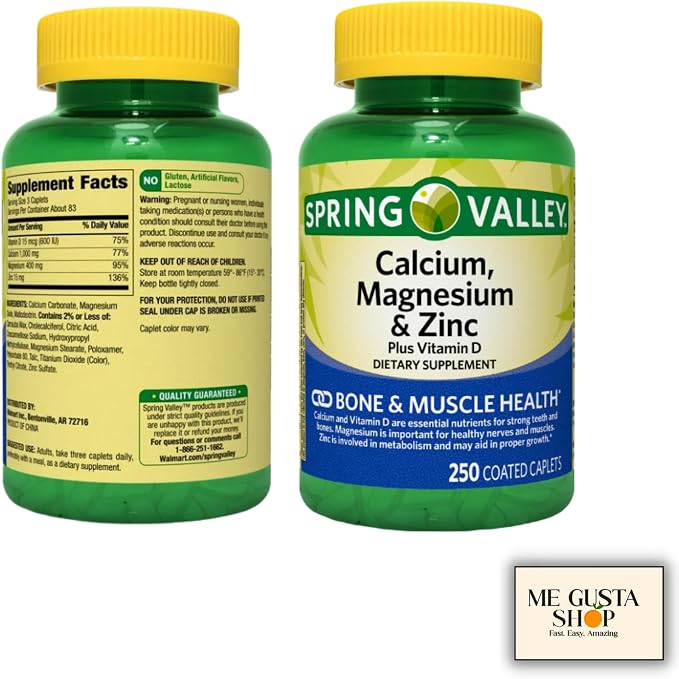 Spring Valley Calcium, Magnesium & Zinc Plus Vitamin D3 Coated Caplets, 250 Count (Pack of 2) 500count Total + me Gusta Sticker
