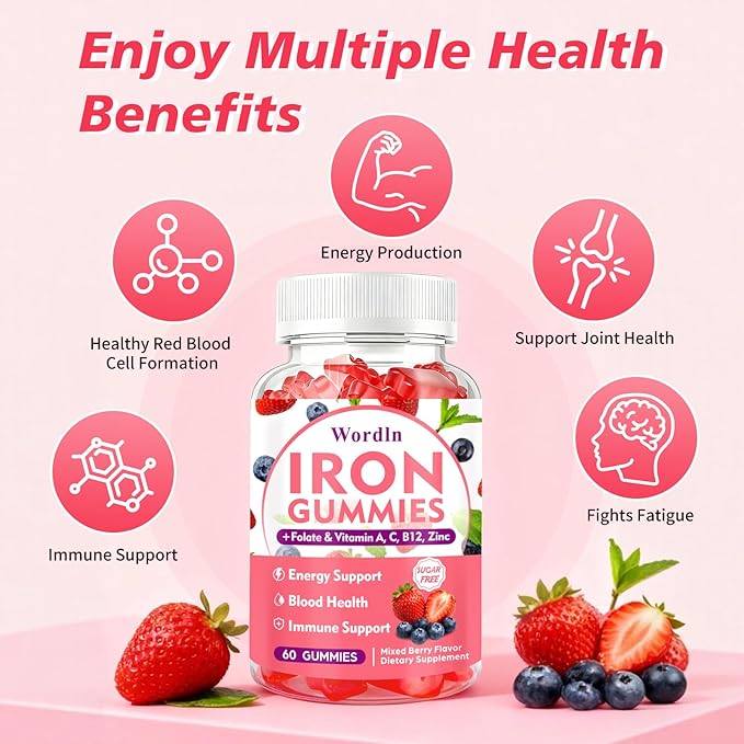 Iron Gummies for Women, Men & Kids, Vegan Iron Supplement with Vitamin C, B12, Folate for Energy Support & Immune Health, Sugar Free, 60 Gummies (Pack of 2)