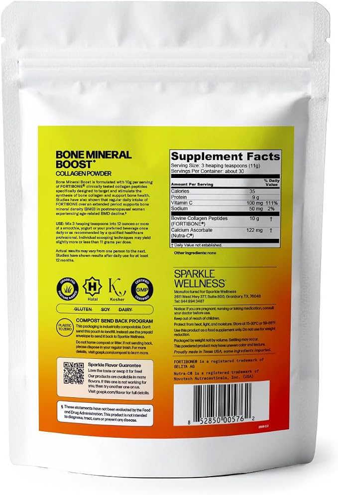 Sparkle Wellness FORTIBONE Bioactive Collagen Peptides | Collagen Powder Supplement with Nutra C Buffered Vitamin C for Bone Health | Bone Mineral Boost (No Flavor) [30 Serves] (Pack of 2)