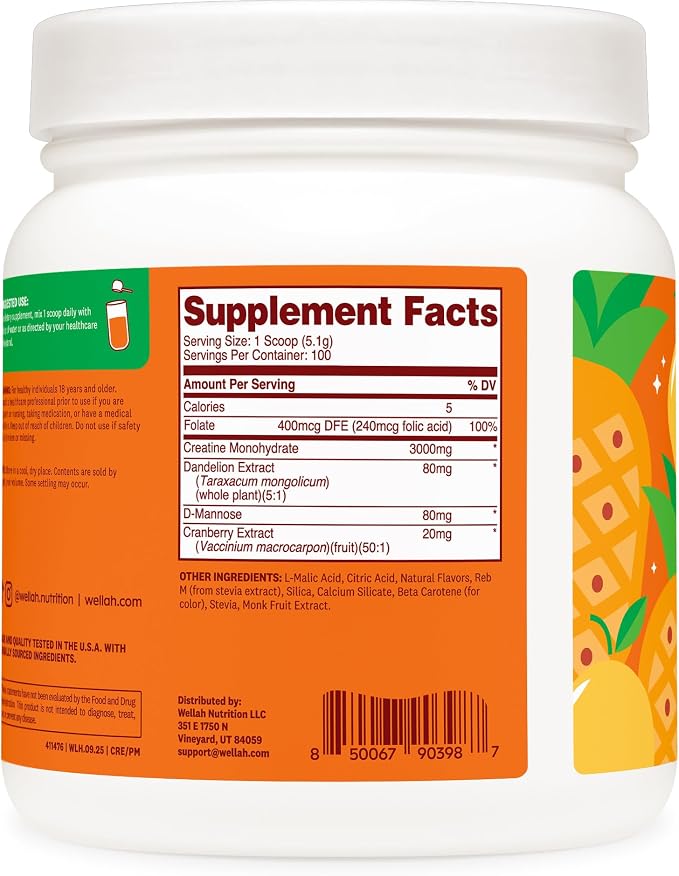 Wellah Creatine for Women - Creatine Monohydrate with Dandelion & Cranberry Extract (100 Servings, Pineapple Mango)