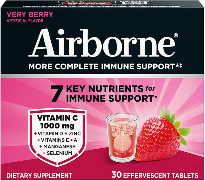 Airborne Variety Pack 1000mg Vitamin C with Vitamin D & Zinc, Sugar Free Multivitamin Immune Support Supplement, Antioxidants Vitamins A C & Vitamin E, 30 Effervescent Tablets, Citrus + Verry Berry
