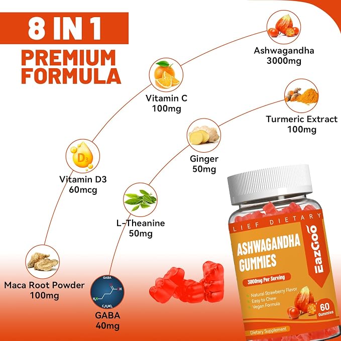 Ashwagandha Gummies & Vitamin D3, 3000mg Extra Strength Ashwagandha Root Extract for Boosts Energy, Immune Support, Non-GMO, Strawberry Flavor, 60 Count