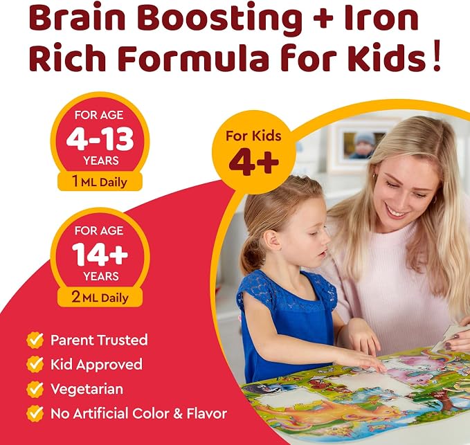 Liquid Iron Supplement for Kids, Kids Multivitamin with Iron Drops with Zinc, Vitamin B Complex, Folate - Support Blood Builder & Energy, Iron Deficiency for Women, Men, Vegan Strawberry 4 Fl Oz