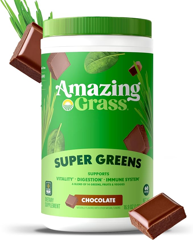 Amazing Grass Greens Blend Superfood: Super Greens Powder Smoothie Mix with Organic Spirulina, Chlorella, Beet Root Powder, Digestive Enzymes & Probiotics, Chocolate, 60 Servings (Packaging May Vary)