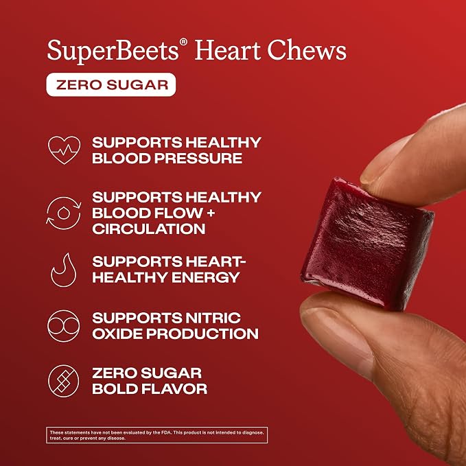 Humann SuperBeets Heart Chews Zero Sugar, Beet Root Supplement, Energy, Nitric Oxide and Blood Pressure Support, Grape Seed Extract & Non-GMO, Heart Health, Pomegranate Berry Flavor, 60 Count