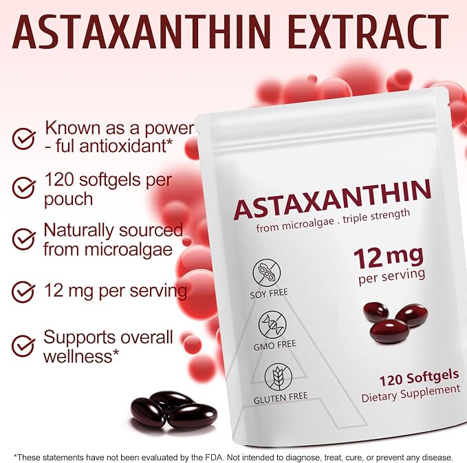 2 Pack Astaxanthin 12mg,Premium Astaxanthin Antioxidant Supplements with Antioxidant Activity, Supports Eye, Immune, Joint, Skin Health, Internal Circulation