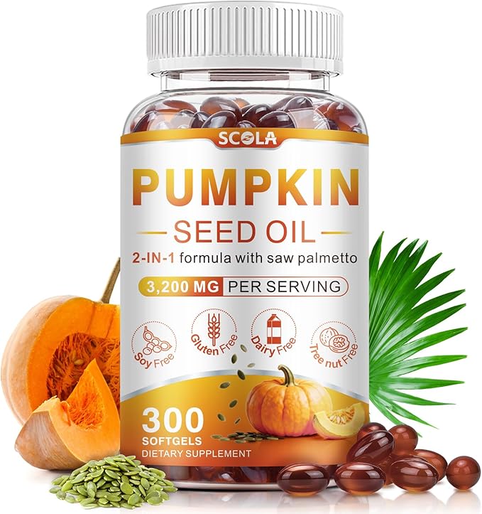 SCOLA Pumpkin Seed Oil with Saw Palmetto,3200mg/Serving,Cold-Pressed with Essential Fatty Acids & Phytosterols,Supports Hair, Immune,Bladder & Prostate Health,Non-GMO (300 Softgels)
