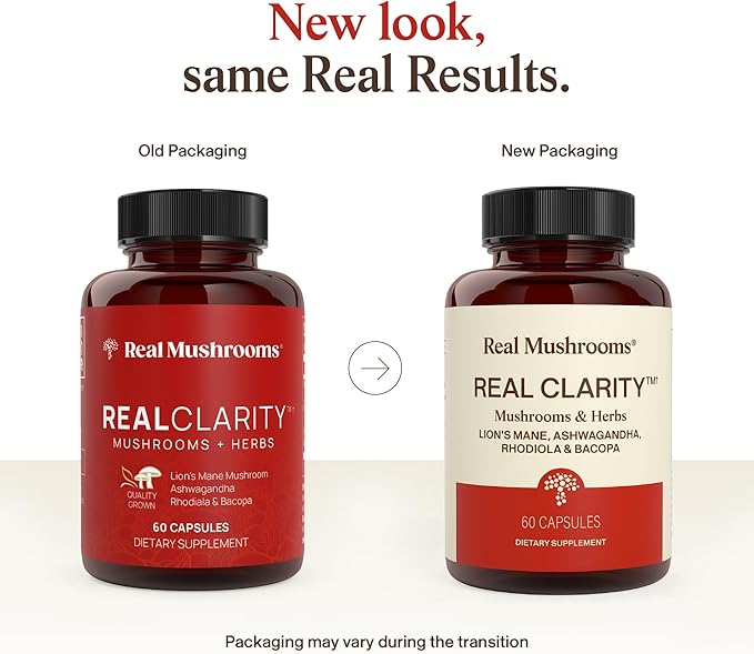 Real Mushrooms RealClarity Capsules – Lion’s Mane, KSM-66 Ashwagandha, Rhodiola & Bacopa – Mental Sharpness, Alertness. & Adaptogenic Support – Vegan, Non-GMO – 60 Count Mushroom Supplement