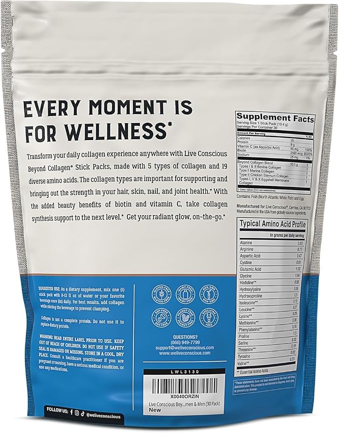 Live Conscious Beyond Collagen Peptides Powder Unflavored Packets-Hydrolyzed Collagen Powder-Hair Skin Nail & Joint Support- I II III V & X Grass-Fed Collagen Supplements for Women & Men 30 Pack (2pk)