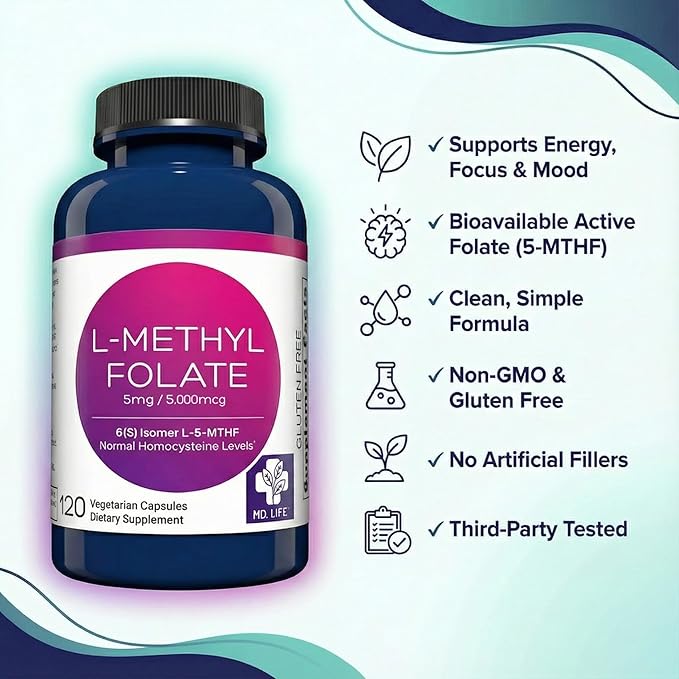MD Life L-Methylfolate 5 mg Supplement - Professional-Grade Active L Methylfolate Supplement - 120 Capsules - L-Methylfolate 5mg - Maximum Potency MTHFR W/Essential Amino Acids