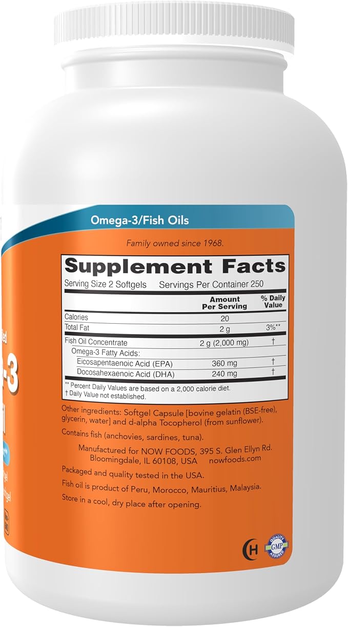 NOW Foods Supplements, Omega-3 180 EPA / 120 DHA, Molecularly Distilled, Cardiovascular Support*, 500 Softgels