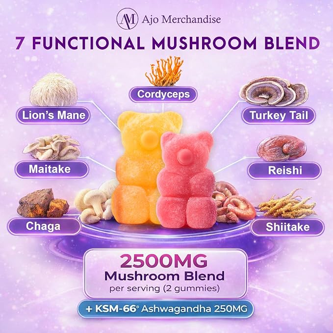 Mushroom Gummies with Ashwagandha, Lion’s Mane, Reishi, Cordyceps, Turkey Tail, Maitake, Shiitake & Chaga, Vegan Mushroom Supplement Gummy, Gluten Free, Mixed Fruit Flavor, 80 Count