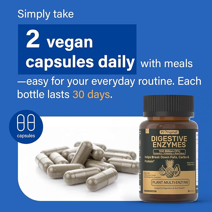 Digestive Enzymes Supplement with 100 Billion CFU Organic Probiotic & Prebiotic - Multi-Enzyme Formula for Women & Men - Supports Digestive & Gut Health, Aids Protein, Carb & Dairy Digestion, 120 Caps