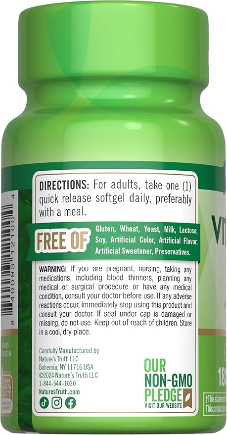 Nature's Truth Vitamin K2 MK-7 | 100 mcg | 180 Softgels | Non-GMO & Gluten Free Supplement