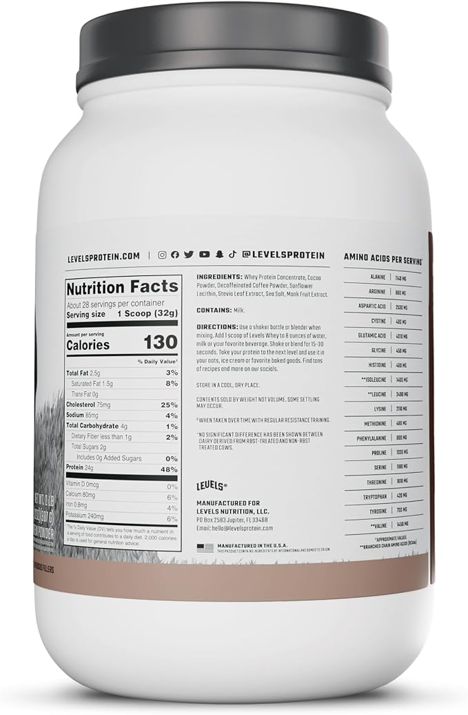 Levels Whey Protein Powder, No Artificial Ingredients, Chocolate Mocha, 2LB | 24G of protein and 5.4G BCAAs per scoop, made with hormone-free dairy, zero junk, no fillers, no added sugar, certified clean