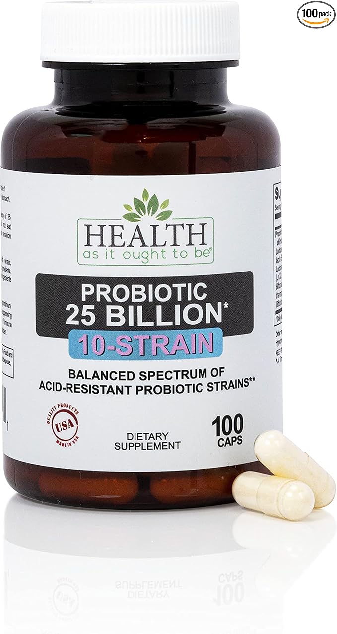Health As It Ought To Be Probiotic (10 Strain) 25 Billion CFUs Supplement | Physician Formulated Balanced Spectrum of Acid|Resistant Probiotic Strains | 100 Veggie Caps