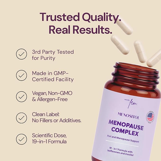 Inositol FEM Menositol 19-in-1 60Caps, Perimenopause & Menopause Supplements for Women Weight Loss with Myo-Inositol, D-chiro and Isoflavones, Control Metabolic Health, 100% Natural, Hormone, SoyFree