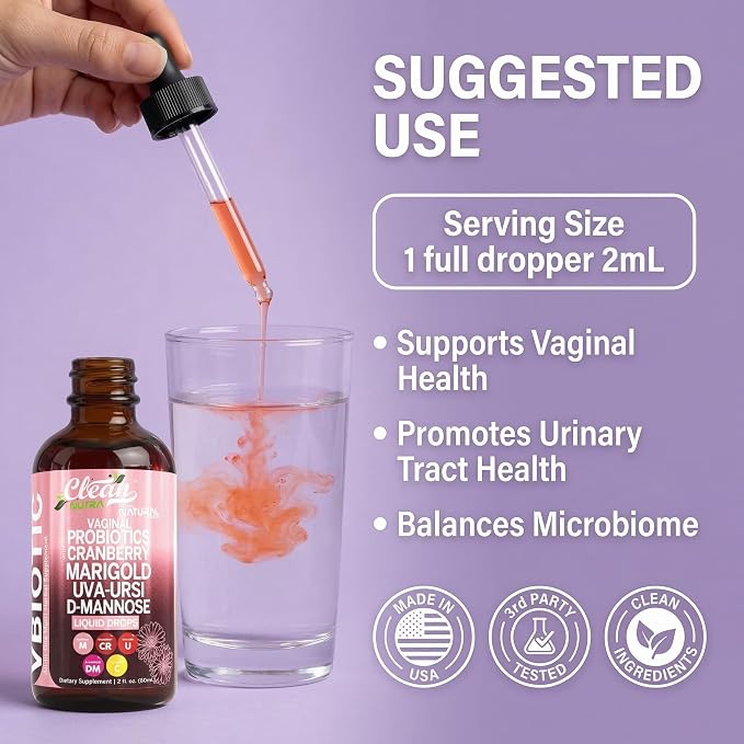 Clean Nutraceuticals VBiotic Vaginal Probiotic for Women Liquid Drops | Cranberry Uva Ursi Horsetail D-Mannose Prebiotics Marigold & Black Cohosh Vaginal Health Supplement | pH Balance