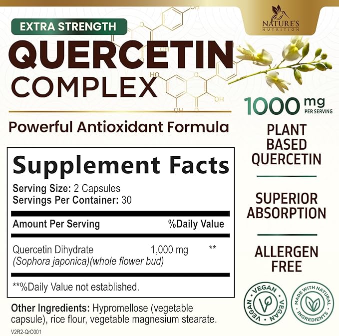 Quercetin Dihydrate 1000mg per Serving - Premium Plant-Based Bioflavonoids - Extra Strength Antioxidant Immune & Respiratory Health Support - High Absorption Quercetin Dihydrate - 60 Veggie Capsules