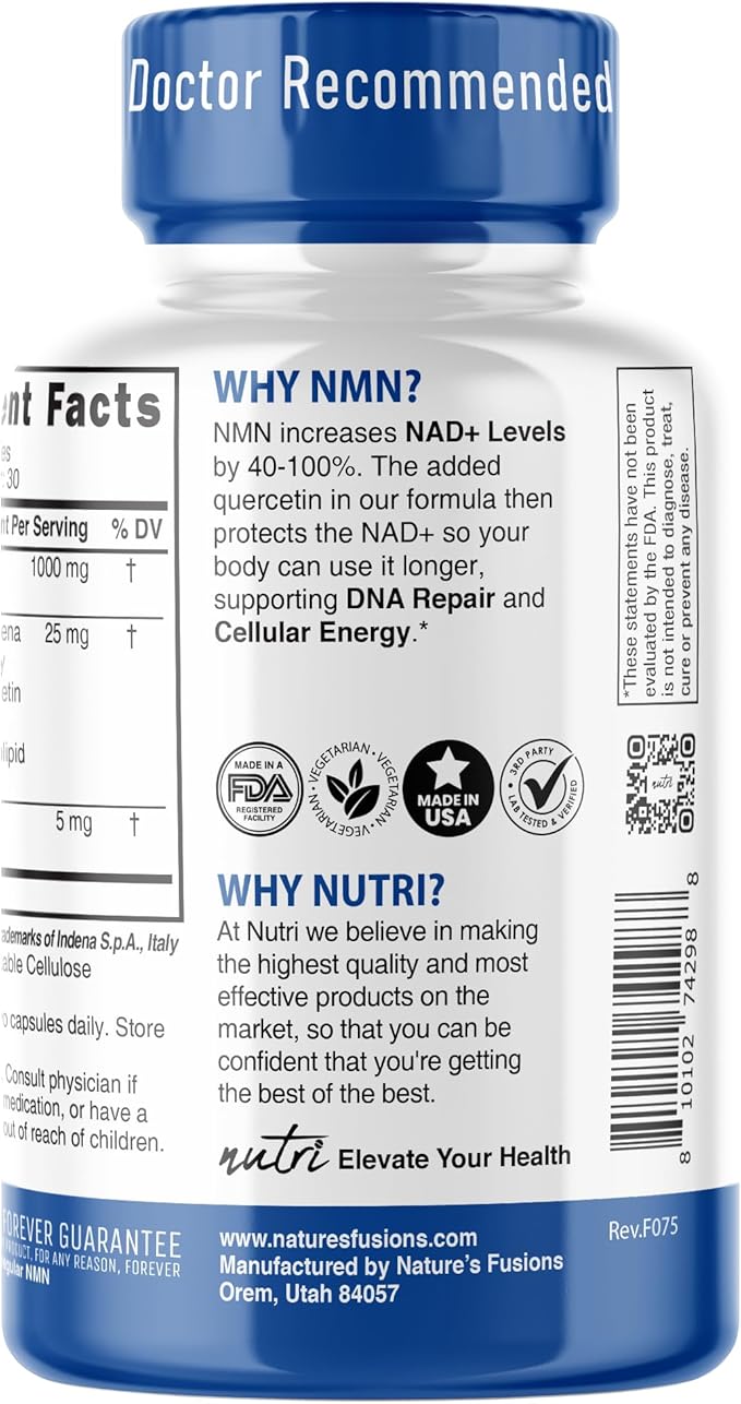 NMN Supplement 1000mg NAD Supplement - Nutri Ultra High Absorption Stabilized NMN Nicotinamide Mononucleotide, 40% More NAD+ with Quercetin Phytosome & Black Pepper - mnm supplement (60 Capsules)