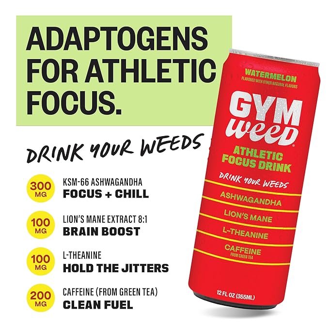 GYM WEED Athletic Focus Drink with KSM-66 Ashwagandha, Lion's Mane Mushroom, L-Theanine, 200mg Green Tea Caffeine with Natural Sweeteners Watermelon Flavor, 12 Pack