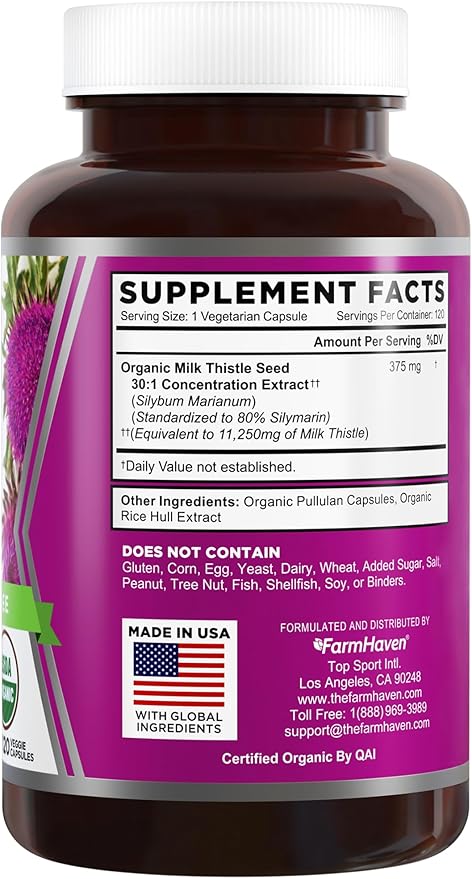 FarmHaven USDA Organic Milk Thistle Capsules | 30X Concentrated Seed Extract & 80% Silymarin Standardized - Supports Liver Function and Overall Health | Non-GMO | 120 Vegan Capsules