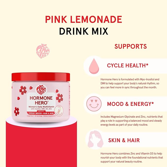 Peach Perfect Inositol Powder Multivitamin, Pink Lemonade Flavor – 4g Myo & D-Chiro Inositol, DIM, Zinc, Magnesium Glycinate, Vitamin D3 – Supports Women’s Health, Cycle, Energy, 30 SVG