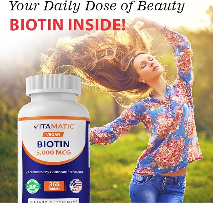 Vitamatic Biotin 5000mcg (5 mg) for Stronger Hair, Skin & Nails - 365 Vegan Tablets- Also Called Vitamin B7 (Pack of 2)