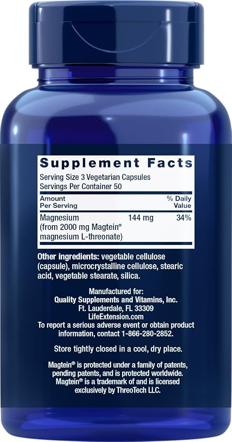 Life Extension Neuro-Mag Magnesium L-Threonate, 150 Vegetarian Capsules, Magtein Supplement for Women and Men