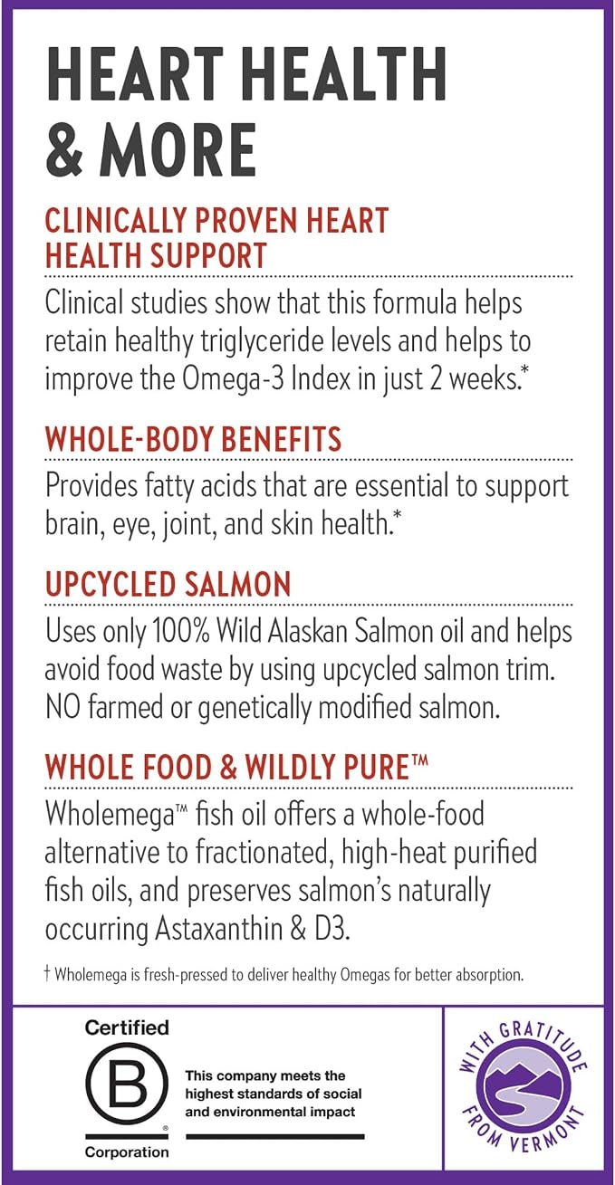 New Chapter Wholemega Fish Oil Supplement - 2000mg per Serving, Clinically Proven Wild Alaskan Salmon Oil with Omega-3 + Vitamin D3 + Astaxanthin, 180 Softgels