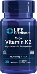 Life Extension Mega Vitamin K2 High Potency for Strong Bones, clinically studied 45 mg K2 dosage, promotes healthy bone density, gluten-free, non-GMO, 30 capsules