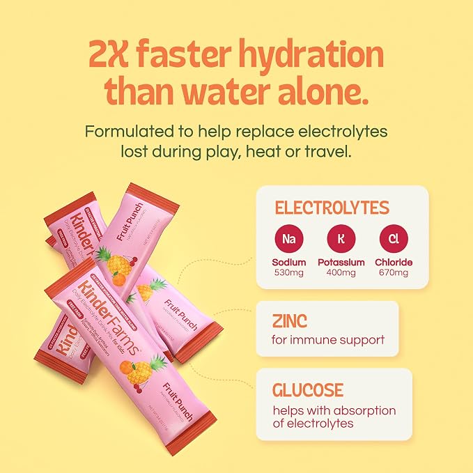 KinderFarms Electrolyte Powder for Kids and Adults - Drink Mix Hydration Packets (Fruit Punch, 16 Count), No Artificial Sweeteners or Flavors, No Synthetic Dyes, Vegan, Non-GMO, Gluten-Free