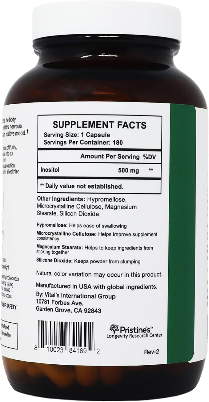 PRISTINE'S Myo Inositol Capsules - 500mg 180 Day Supply - Vegan, Gluten Free, Non GMO
