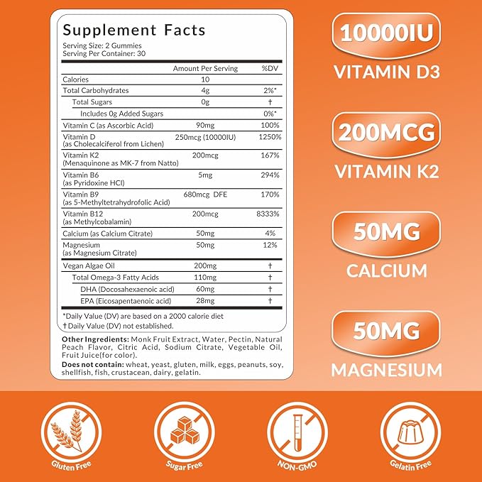 Vitamin D3 10000iu & K2 (as MK7) 200mcg Gummies w/Calcium, Magnesium, Omega-3, Vitamin C, B12, K2 D3 Supplement for Women & Men - Vegan, Sugar Free