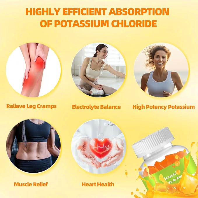 90 Count 1200mg Potassium Chloride Gummies,Sugar Free Electrolyte Balance Gummies,Muscle Relief & Heart Health Potassium Supplement for Adults Women Men