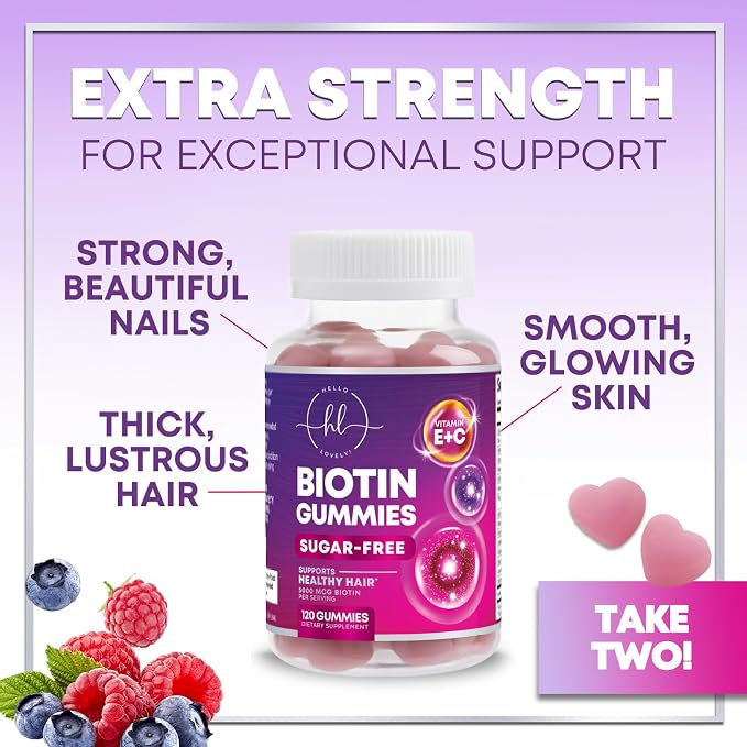 Hair Vitamins Gummies with Biotin 5000 mcg per Serving - Hair Growth Support with Vitamins E & C for Thicker, Stronger & Beautiful Hair - Hair Skin and Nails Vitamin, Gluten Free - 120 Gummies