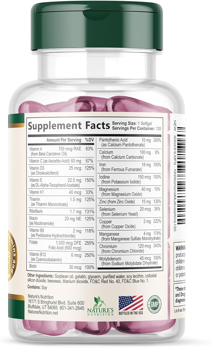 Multivitamin for Women - Essential Daily Womens Multivitamins with Calcium, Folic Acid, Vitamin A, C, D, E, B Vitamins, Zinc and Iron - Energy, Focus & Immune Support, Bottled In USA - 120 Softgels