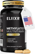 Eliixr Methylated Multivitamin 27-in-1 Formula with 1500 mcg Active Folate, Methylated B12, K2, D3, B-Complex and more Women and Mens Multivitamins, 60 Vegan Capsules, 2 month supply Made in the USA